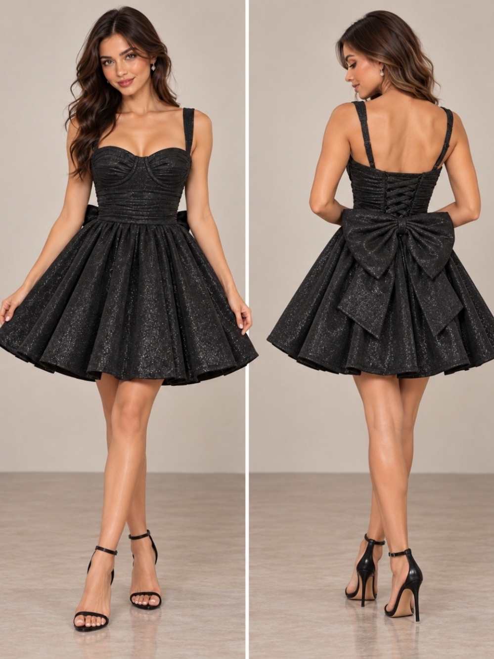 Audrey Hepburn Black Glitter Short Mini Corset Bow Dress Homecoming Prom XS 2